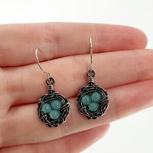 Antique Silver Bird Nest Dangle Earrings